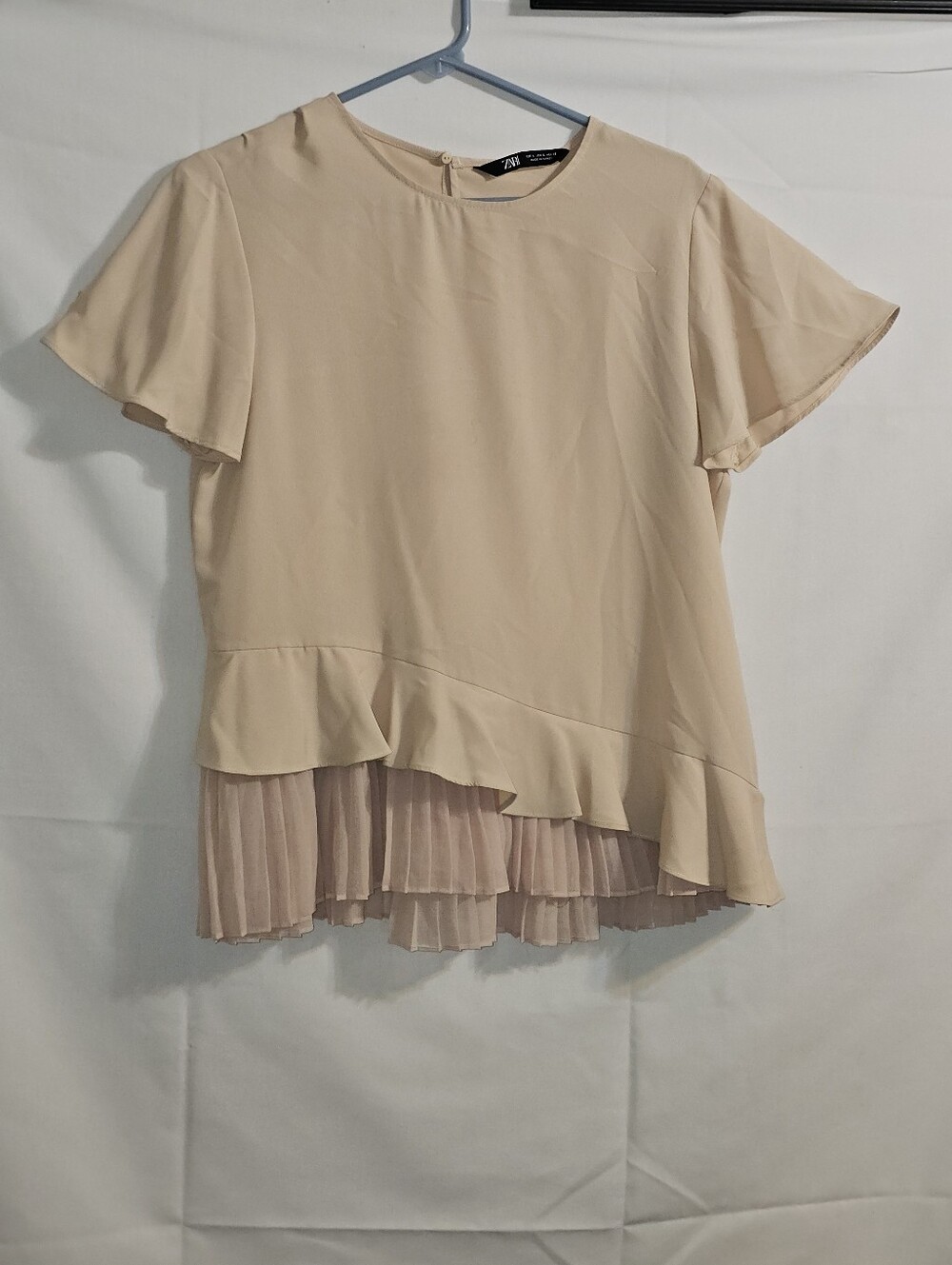 Zara Blush Pink Short Sleeve Top Asymmetrical Ruffle Pleated Size L - Picture 3 of 10